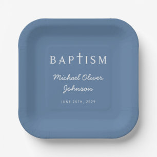 Modern Script Religious Cross Blue Boy Baptism  Paper Plate