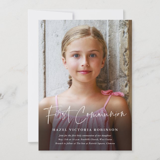 Modern Script Religious First Communion Invitation (Front)