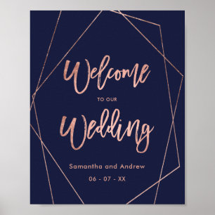 Modern script rose gold navy welcome wedding poster