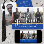 Modern Script Royal Blue & Gold 4 Photo Graduation Announcement<br><div class="desc">Share the joy of a high school or college graduation with custom 4 photo collage royal blue and gold announcements. The pictures and all wording on this template are simple to personalise with any details of your choice, such as party invitation info, parents' names, special honours, degree title, favourite inspirational...</div>