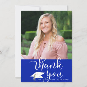 Modern Script Royal Blue Graduation Photo Thank You Card