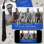 Modern Script Royal Blue White 4 Photo Graduation Announcement<br><div class="desc">Share the joy of a high school or college graduation with custom 4 photo collage royal blue and white announcements. The pictures and all wording on this template are simple to personalise with any details of your choice, such as party invitation info, parents' names, special honours, degree title, favourite inspirational...</div>