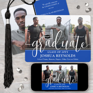 Modern Script Royal Blue White 4 Photo Graduation Announcement