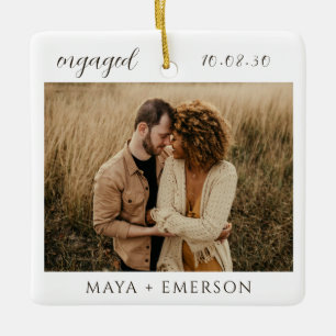 Modern Script Rustic Engagement Photo Keepsake  Ceramic Ornament