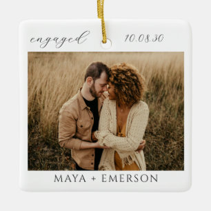 Modern Script Rustic Engagement Photo Keepsake  Ceramic Ornament