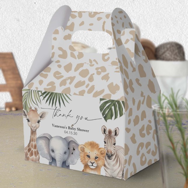 Modern Script Safari Animals Baby Boy Shower Favour Box (Safari Animal, Baby BOy Shower Favor box.)