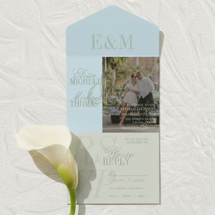 Modern Script Sage Green and Blue Wedding All In One Invitation