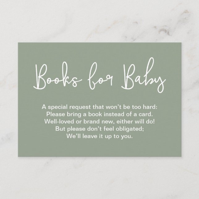 Modern Script Sage Green Baby shower Book Request Invitation (Front)