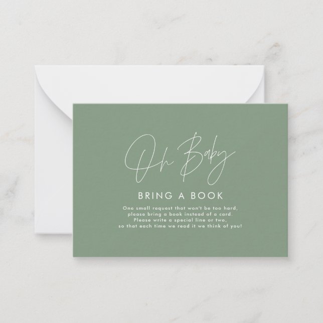 modern script sage green baby shower bring a book  card (Front)
