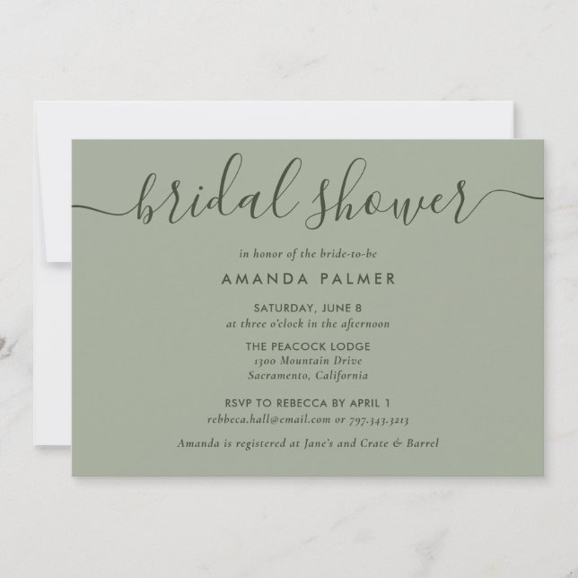 Modern Script Sage Green Bridal Shower Invitation (Front)