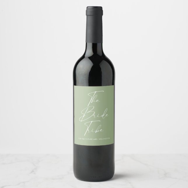 Modern Script Sage Green Bridesmaid Proposal Wine Label (Front)