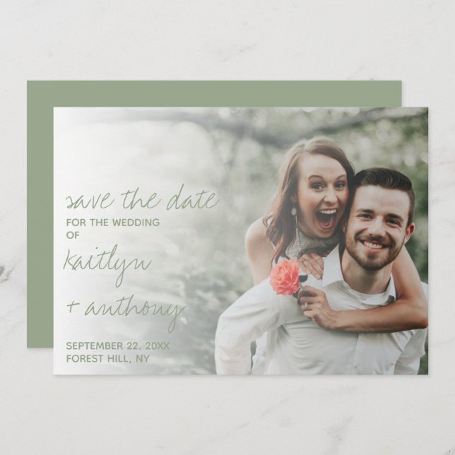 Modern Script Sage Green Minimalistic Photo Save The Date (Front/Back)