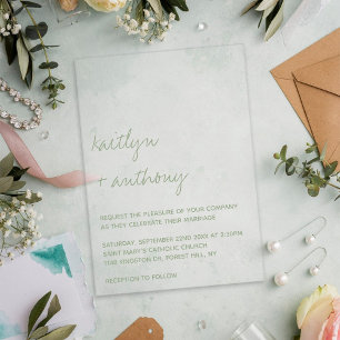 Modern Script Sage Green Minimalistic Wedding Acrylic Invitations