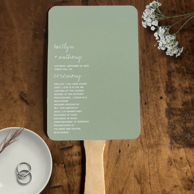 Modern Script Sage Green Minimalistic Wedding Hand Fan (Creator Uploaded)