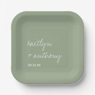 Modern Script Sage Green Minimalistic Wedding Paper Plate