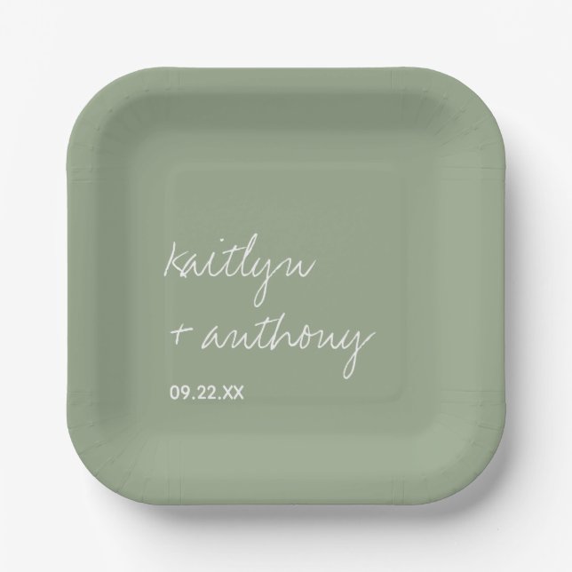 Modern Script Sage Green Minimalistic Wedding Paper Plate (Front)
