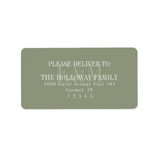 Modern Script Sage Green Monogram Wedding Label (Front)