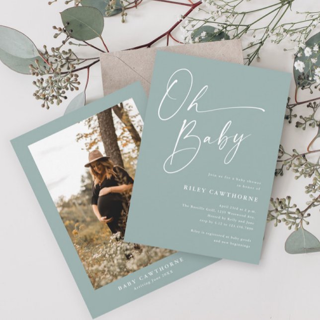 Modern Script Sage Green Photo  Baby Shower Invitation (Creator Uploaded)