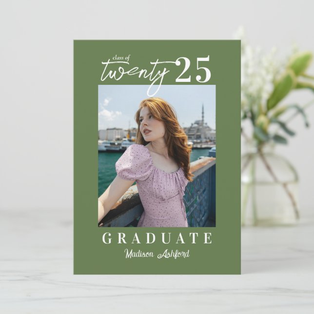 Modern Script Sage Green Photo Graduation Party Invitation (Standing Front)