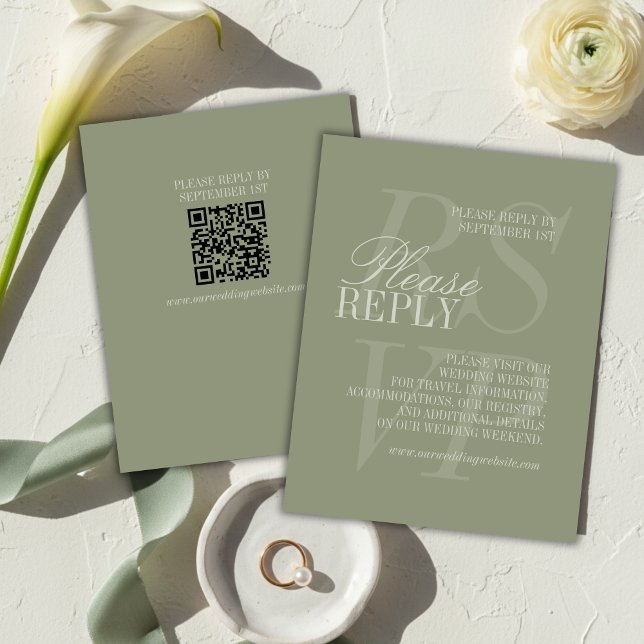 Modern Script Sage Green QR Formal Wedding  RSVP Card (Modern Script Sage Green QR Formal Wedding RSVP Card)