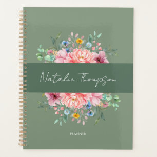 Modern script sage green trendy flowers monogram planner