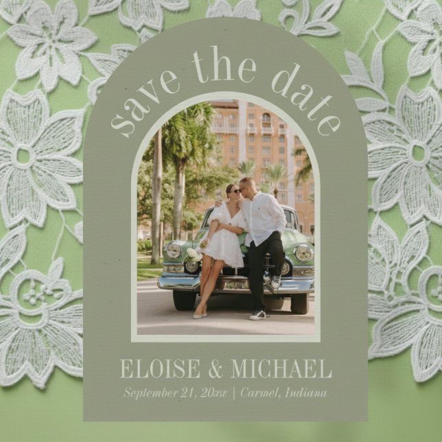 Modern Script Sage Green Wedding Arch Photo Save The Date (Invite guests to save the date for your big day with this Modern Script Wedding Arch Card!)