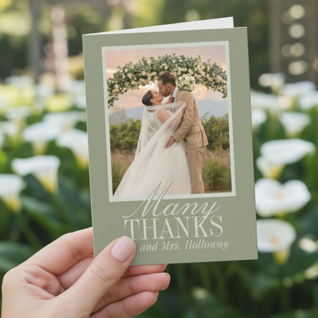 Modern Script Sage Green Wedding Photo Thank You Card (Thank guests for celebrating your big day with this Modern Script Sage Green Thank You Card!)