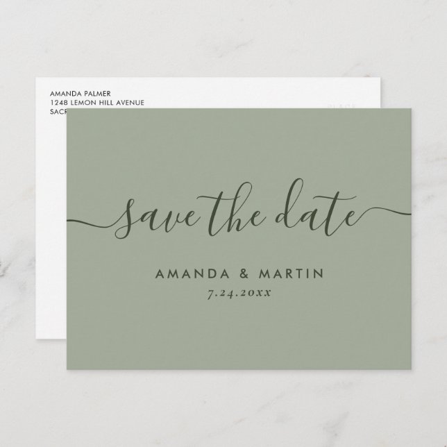 Modern Script Sage Green Wedding Save The Date Announcement Postcard (Front/Back)