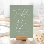 Modern Script Sage Green Wedding Table Number Card<br><div class="desc">Simple, modern wedding table number cards featuring "Table" displayed in a handwritten white script with a sage green background (or a colour of your choosing). To order the sage green wedding table cards: add your name, wedding date, and table number. Each number needs to be added to your cart individually....</div>