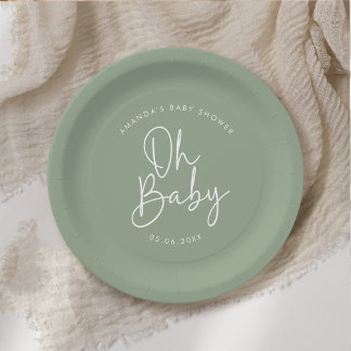 Modern Script Sage Oh Baby Simple Baby Shower Paper Plate