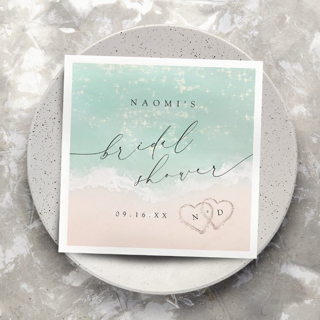 Modern Script Sand Hearts Beach Bridal Shower Napkin (Modern Script Sand Hearts Beach Bridal Shower Napkins)