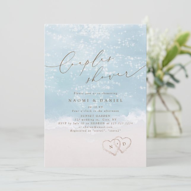 Modern Script Sand Hearts Beach Couples Shower  Invitation (Standing Front)
