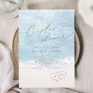 Modern Script Sand Hearts Beach Couples Shower Invitation