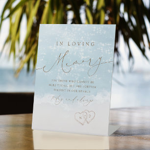 Modern Script Sand Hearts Beach in loving memory Pedestal Sign