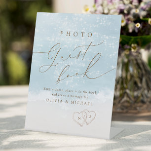Modern Script Sand Hearts Beach Photo Guest Book Pedestal Sign