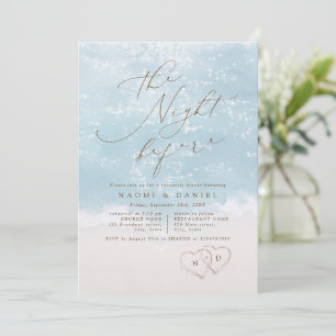 Modern Script Sand Hearts Beach Rehearsal Dinner Invitation
