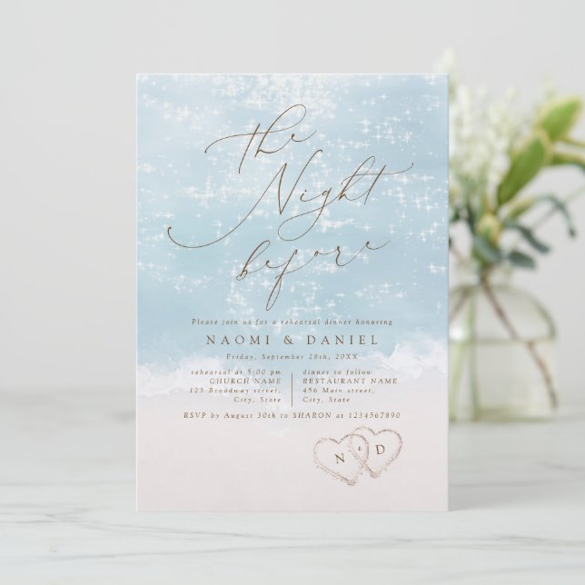 Modern Script Sand Hearts Beach Rehearsal Dinner Invitation (Standing Front)