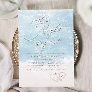 Modern Script Sand Hearts Beach Rehearsal Dinner Invitation