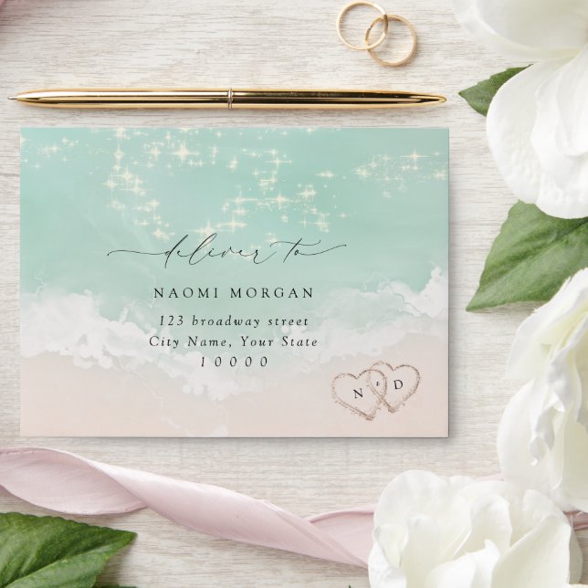 Modern Script Sand Hearts Beach RSVP Envelope (Wedding)