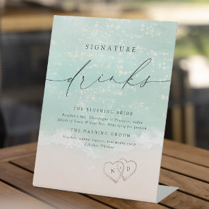 Modern Script Sand Hearts Beach Signature Drinks Pedestal Sign