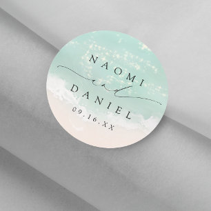 Modern Script Sand Hearts Beach Wedding Favors Classic Round Sticker