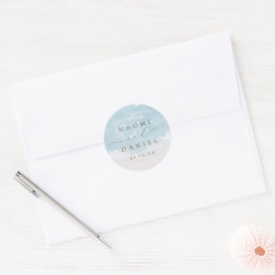Modern Script Sand Hearts Beach Wedding Favours Classic Round Sticker