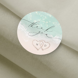 Modern Script Sand Hearts Beach Wedding Thank You Classic Round Sticker