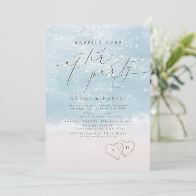Modern Script Sand Hearts Happily Ever After Party Invitation (Standing Front)