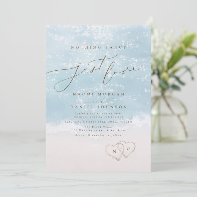 Modern Script Sand Hearts Nothing Fancy Just Love Invitation (Standing Front)