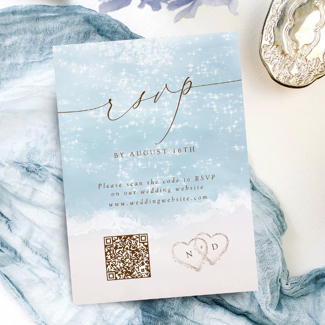 Modern Script Sand Hearts QR Code Beach Wedding RSVP Card (Modern Script Sand Hearts QR Code Beach Wedding RSVP Card)