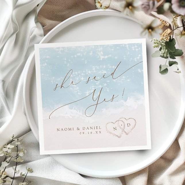Modern Script Sand Hearts She Said Yes Engagement Napkin (Modern Script Sand Hearts She Said Yes Engagement Napkins)
