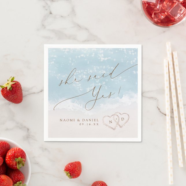 Modern Script Sand Hearts She Said Yes Engagement Napkin (Insitu)