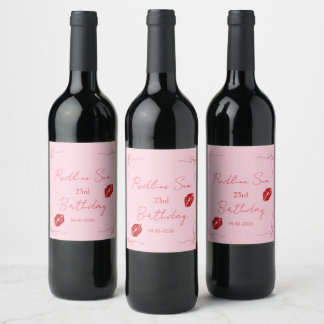 Modern Script Sassy  Pink  Bow Birthday Welcome Wine Label