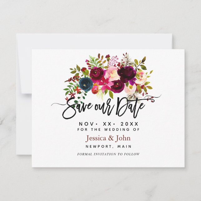 Modern Script Save our Date, Watercolor Flowers The Date (Front)
